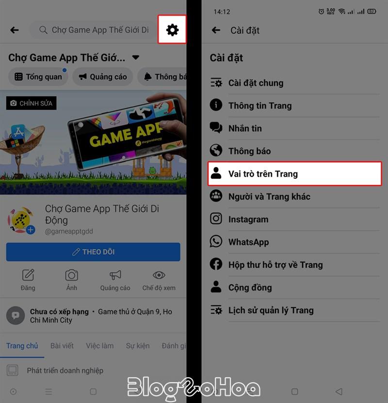 Chọn vai trò trên trang trong cài đặt