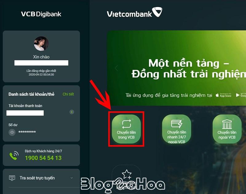 Chọn Chuyển tiền trong VCB. Chọn Chuyển tiền trong VCB.