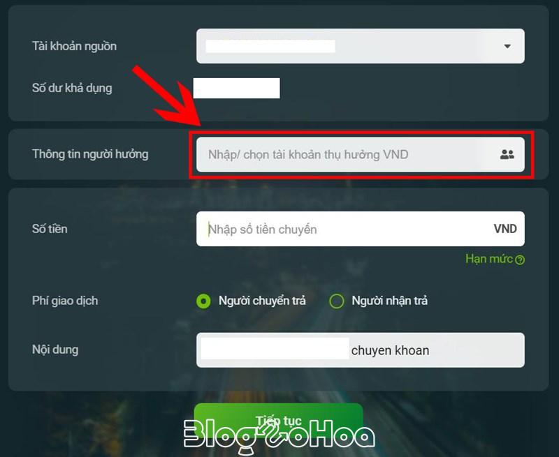 Nhập/chọn tài khoản người hưởng.