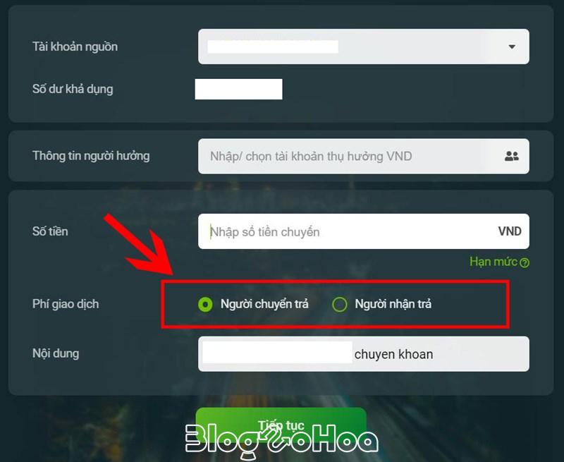 Chọn Phí giao dịch người chuyển/ người nhận trả.
