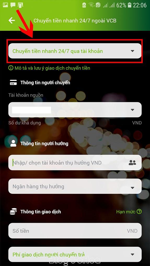 Chọn Chuyển tiền nhanh 24/7 ngoài Vietcombank. Chọn Chuyển tiền nhanh 24/7 ngoài Vietcombank.