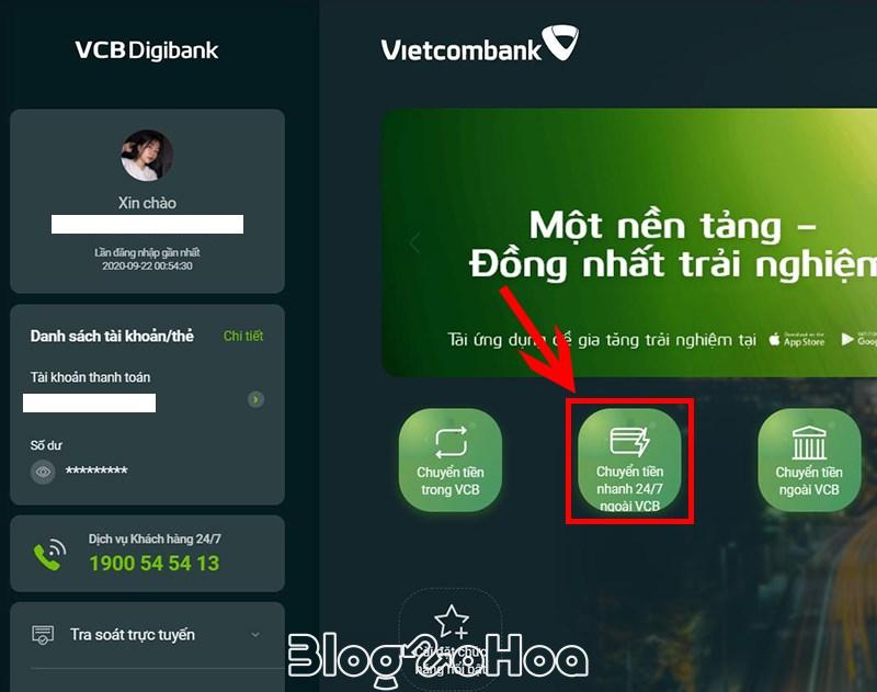 Chuyển tiền nhanh 24/7 ngoài Vietcombank.