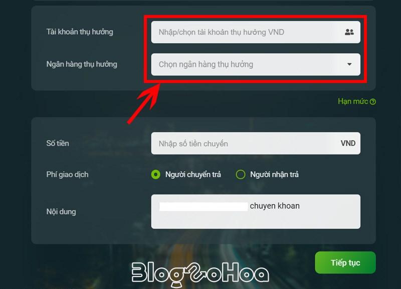 Nhập/chọn tài khoản người hưởng.