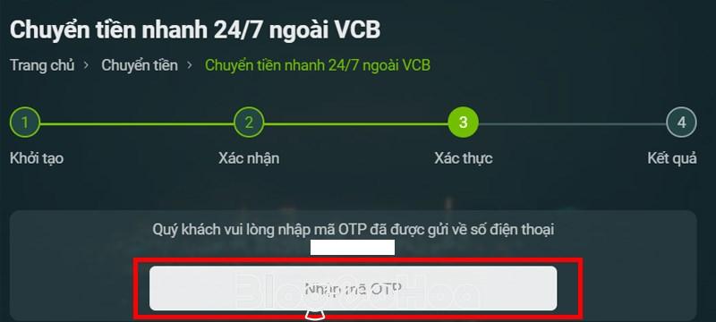 Tiến hành nhập mã OTP