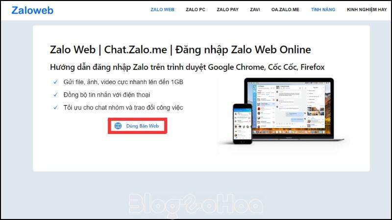 Truy cập vào trang chủ của Zalo Web Truy cập vào trang chủ của Zalo Web