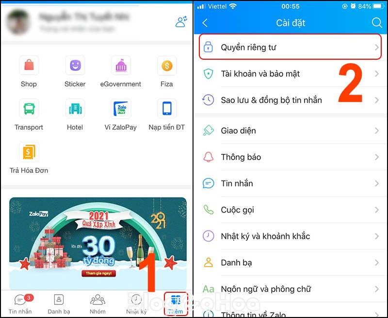 Chọn mục Thêm trên thanh điều hướng dưới màn hình > Chọn Quyền riêng tư. Chọn mục Thêm trên thanh điều hướng dưới màn hình > Chọn Quyền riêng tư.