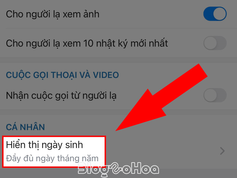 Chọn vào mục hiển thị ngày sinh để cài đặt Chọn vào mục hiển thị ngày sinh để cài đặt