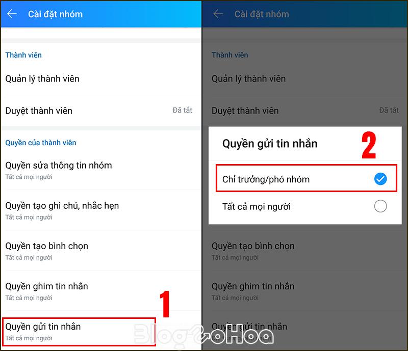Chọn quyền gửi tin nhắn