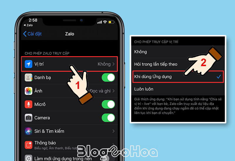 Cho phép truy cập vị trí trên ứng dụng Zalo