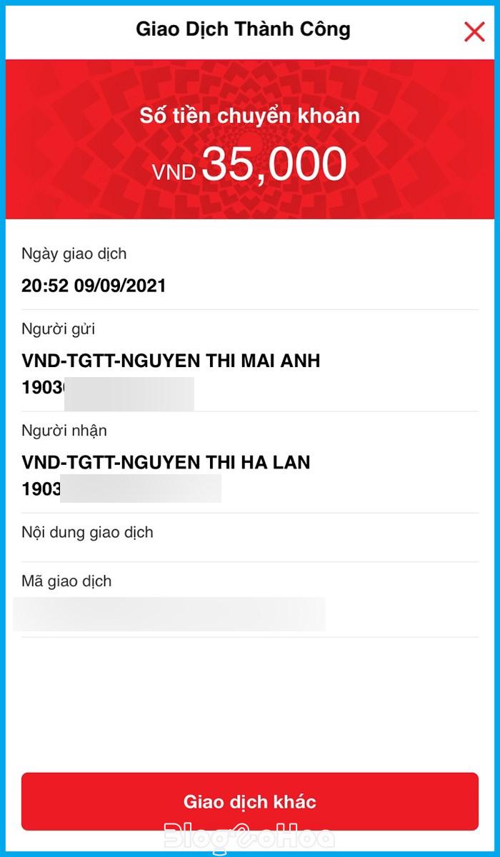 Hóa đơn chuyển khoản thành công đến tài khoản khác trong Techcombank