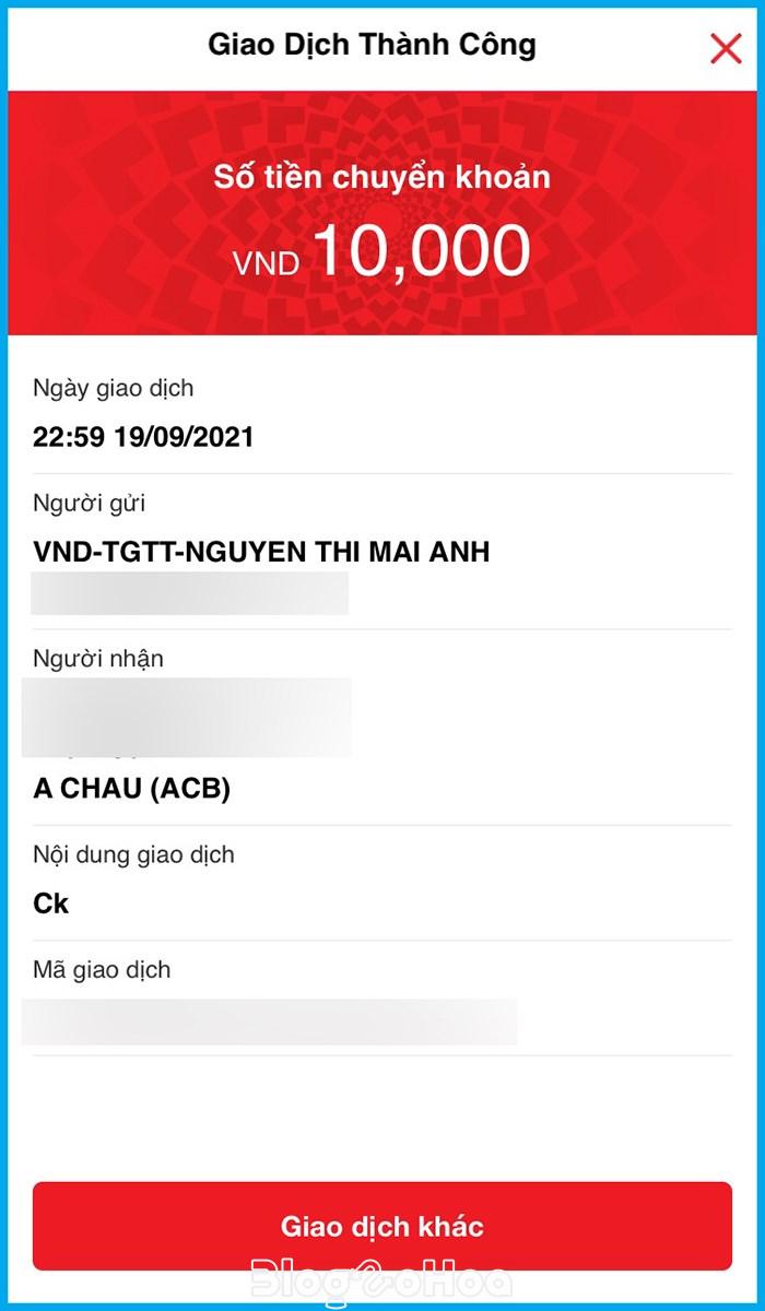 Chuyển tiền thành công đến tài khoản khác ngân hàng