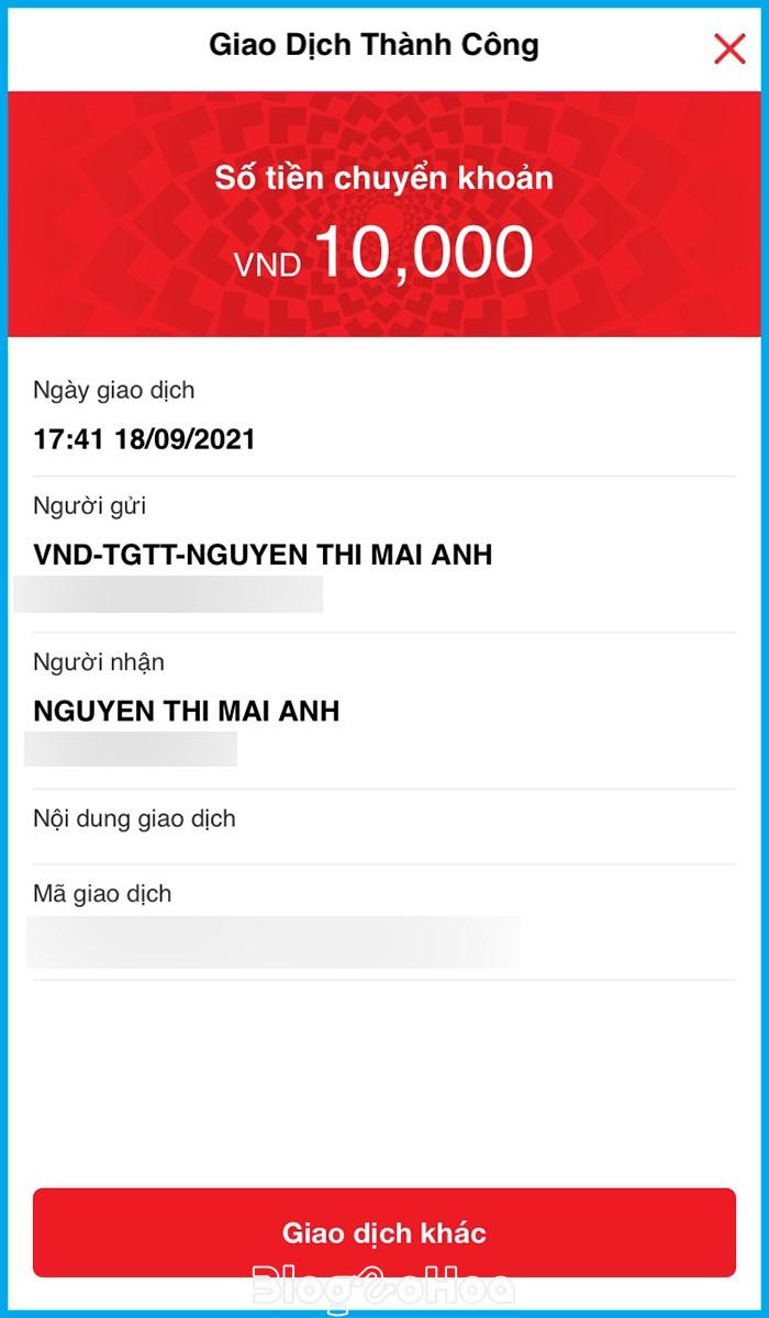 Hóa đơn giao dịch thành công từ Techcombank