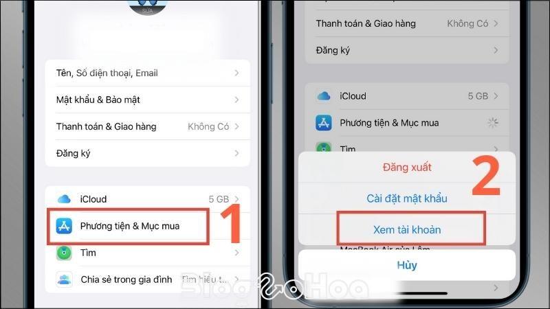 Chọn Phương tiện & mục mua > Chọn Xem tài khoản