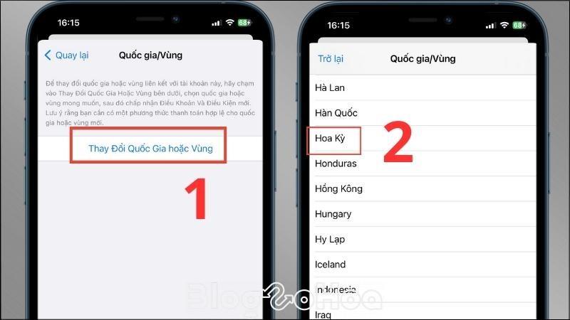 Chọn Thay đổi quốc gia hoặc vùng > Chọn Hoa Kỳ
