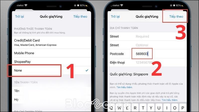 Chọn None > Nhập Postal Code là 569933 > Chọn Tiếp theo