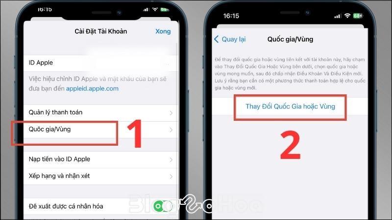 Chọn Quốc gia/Vùng > Chọn Thay Đổi Quốc Gia hoặc Vùng