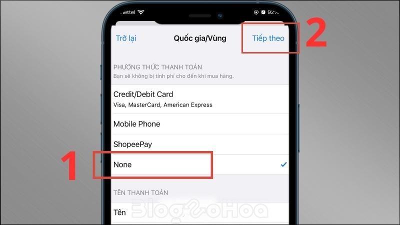 Chọn None > Nhập thông tin > Chọn Tiếp theo