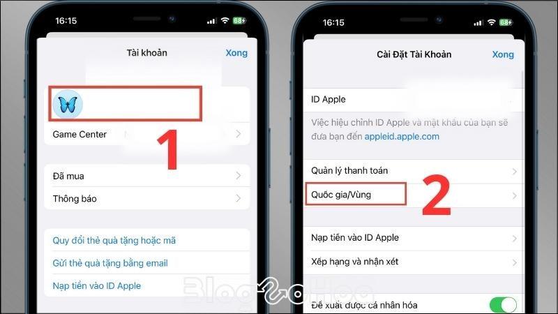 Chọn tên tài khoản > Nhấn vào mục Quốc gia/Vùng