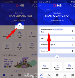 Giao diện chính của ứng dụng ngân hàng MB Bank