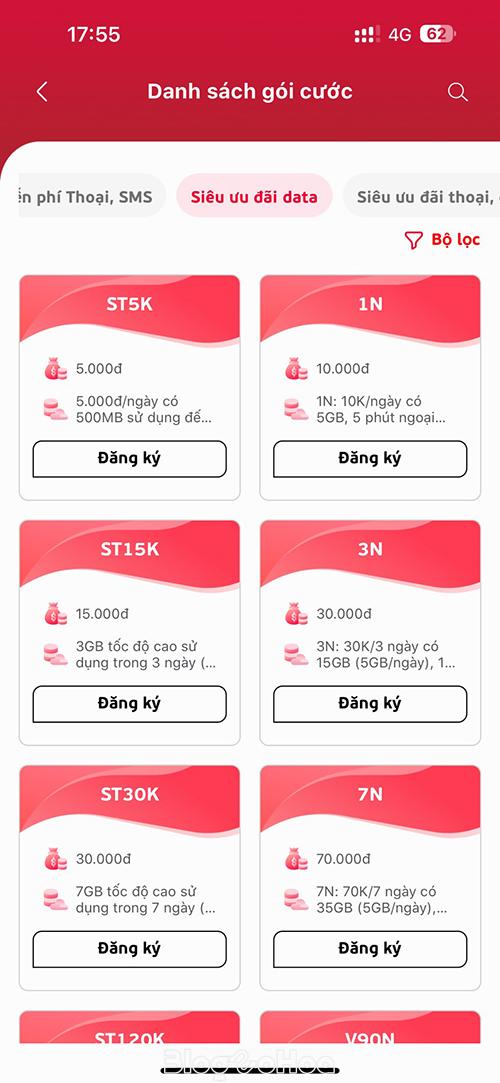 Lựa chọn các gói tại mục "Siêu ưu đãi Data"