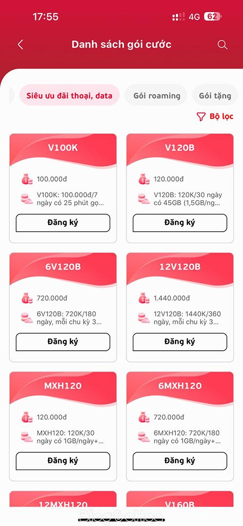 Lựa chọn các gói tại mục "Siêu ưu đãi Thoại, Data"