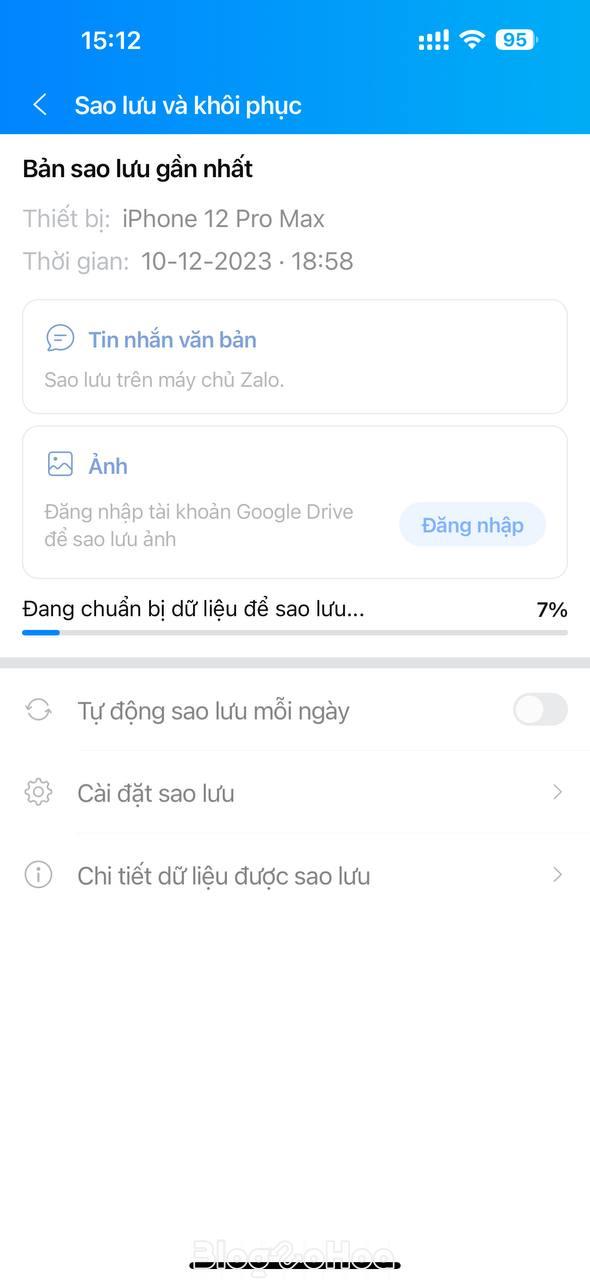 Chờ đợi hệ thống Zalo sao lưu dữ liệu